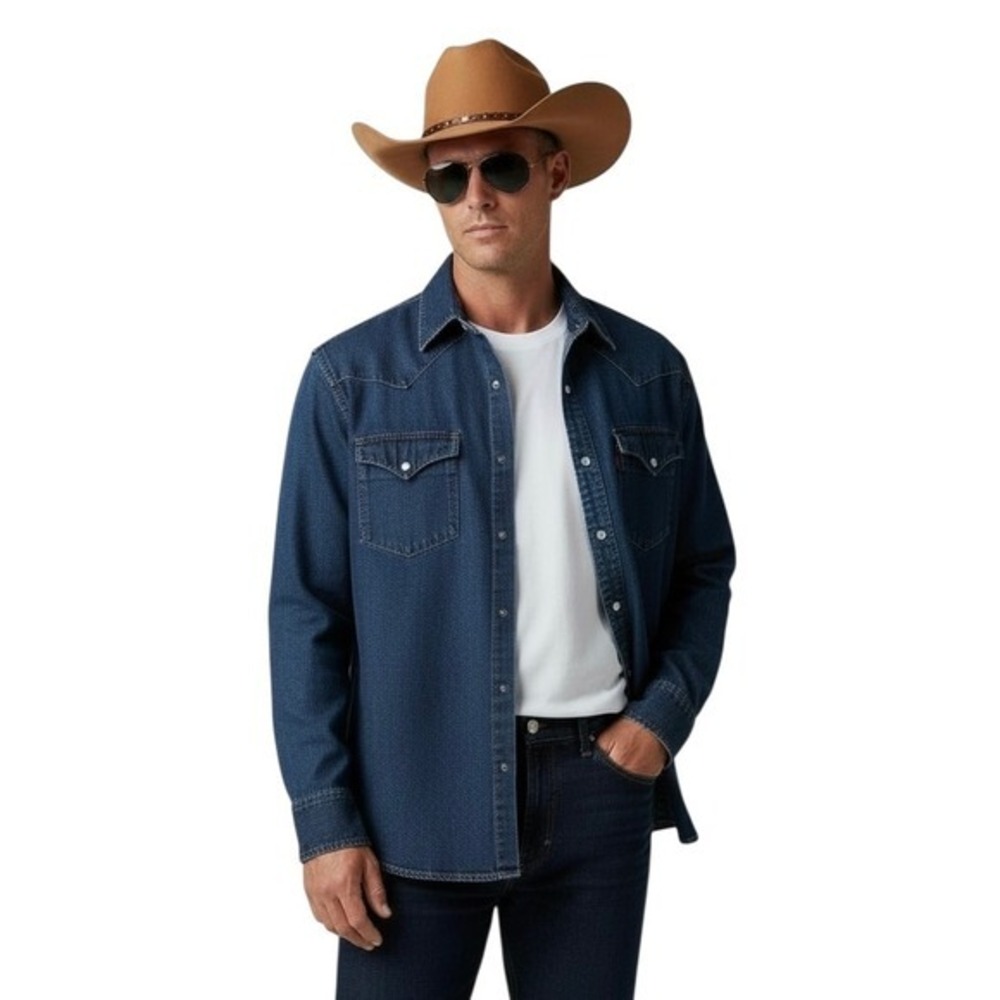 REQUEST Mens Large Denim Western Long Sleeve Shirt Button Up‎ Blue Cotton